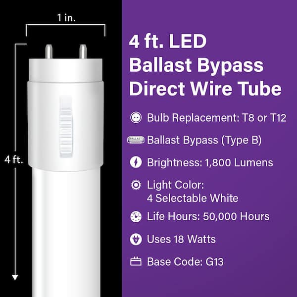 18-Watt 4 ft. T8/T12 G13 Type B Ballast Bypass Linear LED Tube Light Bulb, Selectable White (10-Pack)