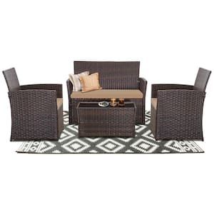 4-Piece Brown Wicker Bistro Patio Conversation Set with Table and Brown Cushions