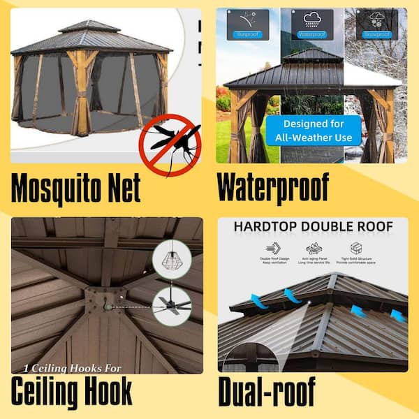 12 ft. x 12 ft. Brown Hardtop Gazebo, Outdoor Cedar Wood Frame Canopy,Galvanized Steel Double Roof, Curtains and Netting