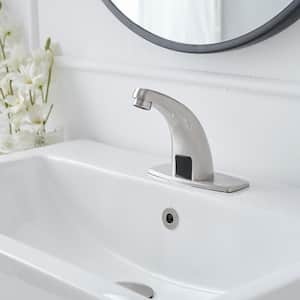 Automatic Touchless Single Hole Low Arc Deck Mount Bathroom Faucet With Deck Plate and Pop Up Drain In Brushed Nickel