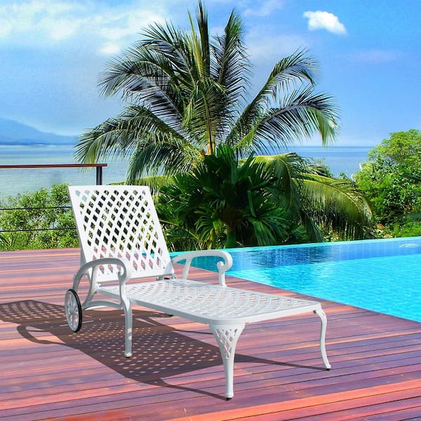 Unbranded New Aluminum Cast Outdoor Lounge Chair, Adjustable Backrest Rollers All-Weather Cross-Weave Polyester, White