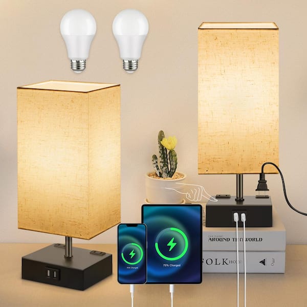 15 in. Black Dimmable Desk Lamp Set with Charging Outlet and USB Port, Linen Shade (Set of 2)
