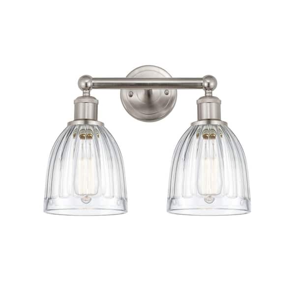 Brookfield 14.75 in. 2 Light Brushed Satin Nickel, Clear Vanity Light with Clear Glass Shade