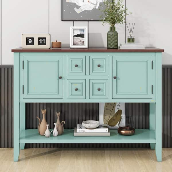 46 in. Retro Blue Rectangle Acacia Wood Console Table with 4-Drawer and 2-Cabinet