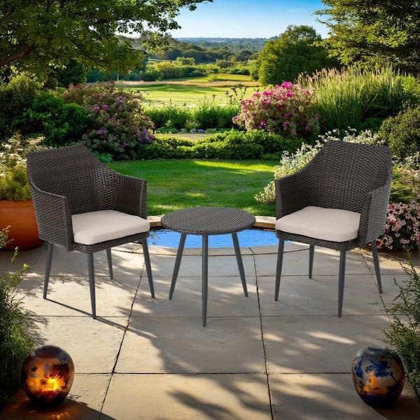 Kenny Brown and Black 3-Piece Metal Outdoor Dining Set with Ivory White Cushions