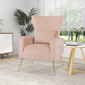 Pink Velvet Upholstered Wingback Arm Chair with Lumbar Pillow and Golden Metal Legs