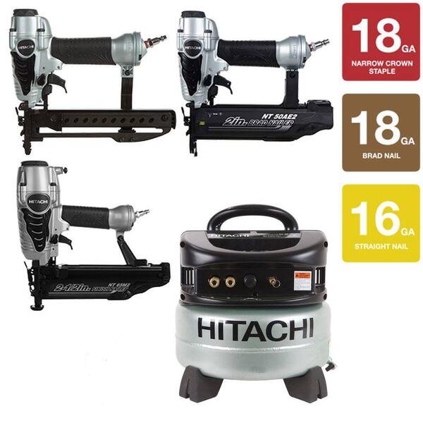 Hitachi 2-1/2 in. Finish Nailer, 2 in. Finish Nailer, 1/4 in. Crown Stapler and 6 gal. Compressor Kit (4-Piece)