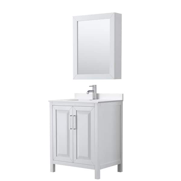 Wyndham Collection Daria 30 in. W x 22 in. D x 35.75 in. H Single Bath Vanity in White with White Quartz Top and Mirror