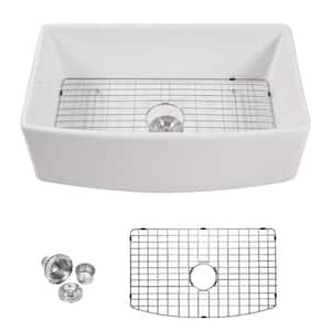 30 in. L x 19 in. W Rectangular Farmhouse/Apron Front Single Bowl White Ceramic Kitchen Sink with Grid and Strainer