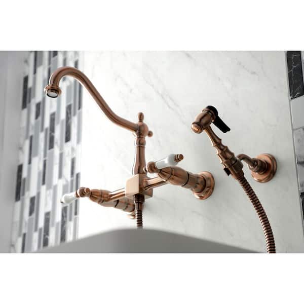 Kingston Brass Heritage 2 Handle Wall Mount Kitchen Faucet With Side Sprayer In Antique Copper Hks124plbsac - Wall Hung Kitchen Faucets