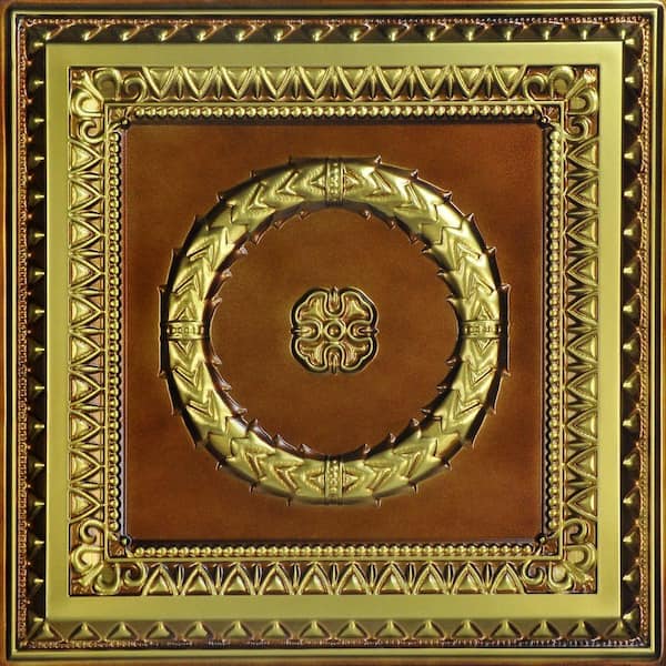 FROM PLAIN TO BEAUTIFUL IN HOURS Laurel Wreath Brushed Brass 2 ft. x 2 ft. PVC Glue-up or Lay-in Faux Tin Ceiling Tile (200 sq. ft./case)