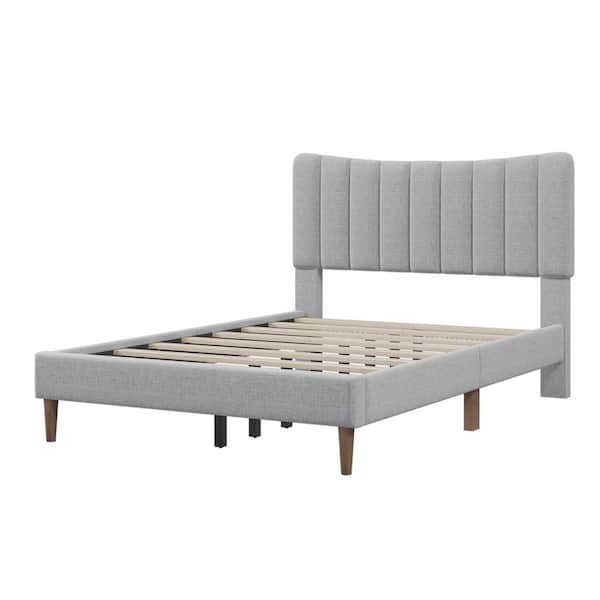 Donason Gray Wood Frame Full Platform Bed with Vertical Channel Tufted Headboard