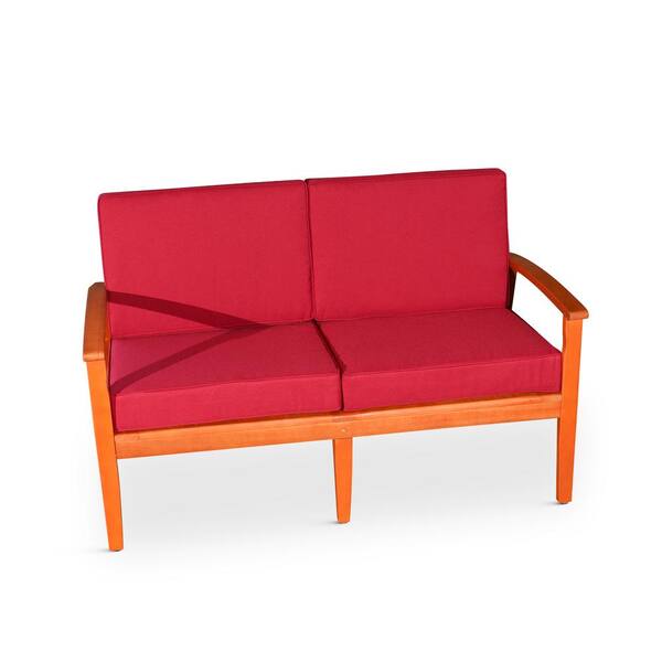 Unbranded Natural Oil Eucalyptus Wood Outdoor Loveseat with Burgundy Cushions