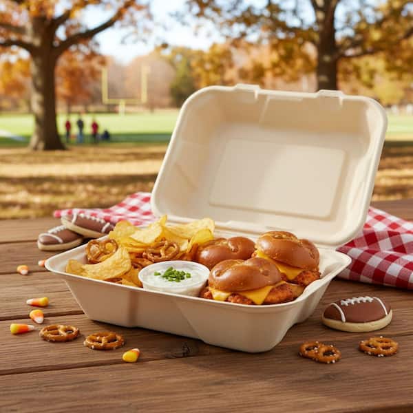 100% Compostable Paper Take-Out Containers 9 in. x 6 in. Clamshell (300-Per Case)