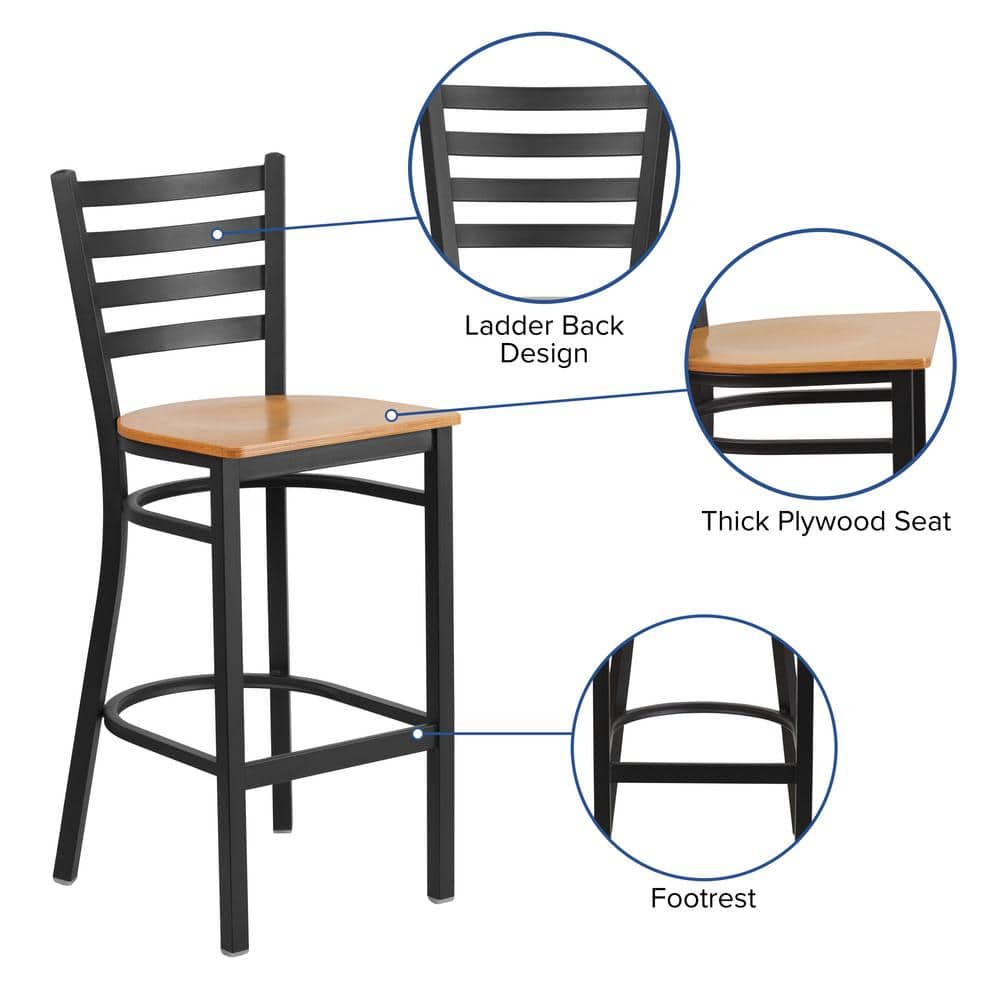 Black Metal Ladder Back Barstool with Natural Wood Seat