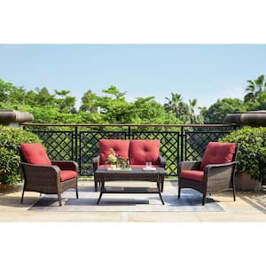 Brentwood 4-Pieces Wicker Patio Conversation Deep Seating Set with CushionGuard Red Cushions