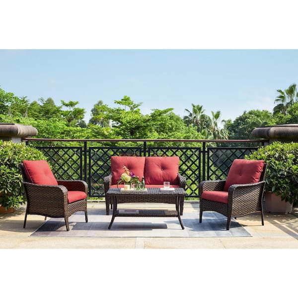 Gymojoy Brentwood 4-Pieces Wicker Patio Conversation Deep Seating Set with CushionGuard Red Cushions