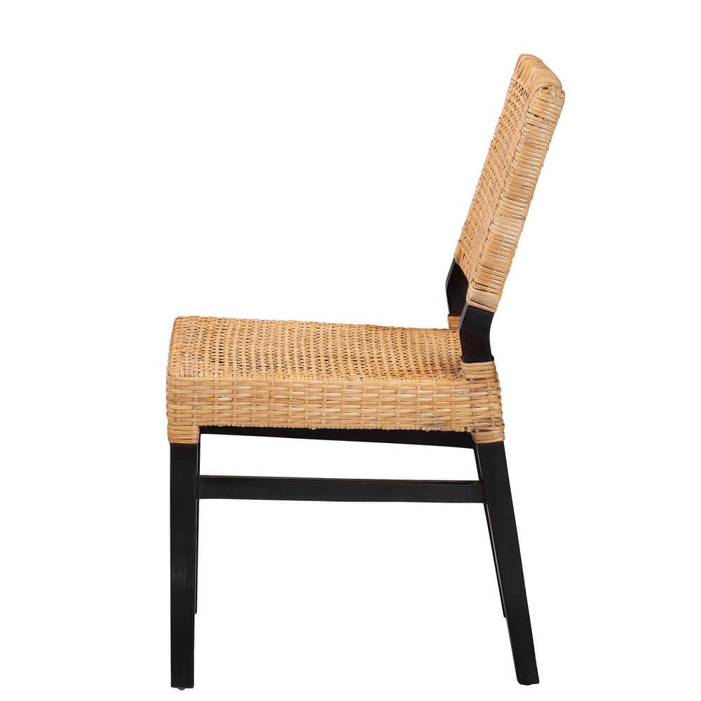 Natural Brown Rattan and Mahogany Wood Dining Chair