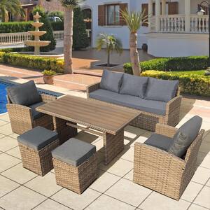 Knights Light Brown 6-Piece Wicker Patio Conversation Set with Gray Cushions