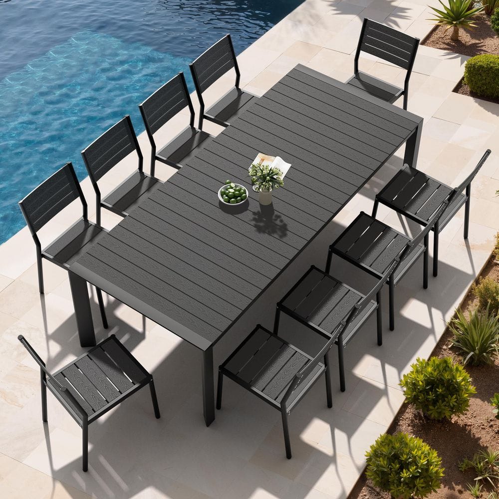 11-Piece 95 in. Aluminum Wood-Like Patio Outdoor Dining Set with Umbrella Hole and Stackable Armless Chair in Black