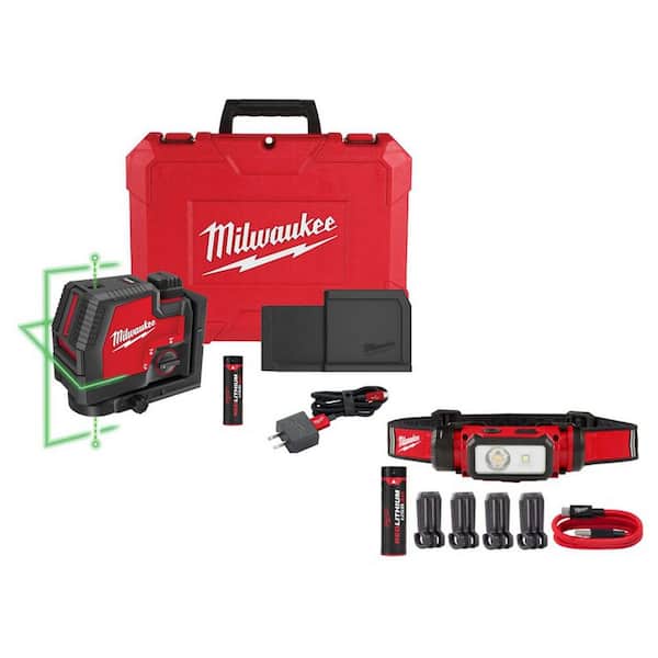 Green 100 ft. Cross Line & Plumb Points Rechargeable Laser Level with REDLITHIUM USB Battery, Charger, and LED Headlamp