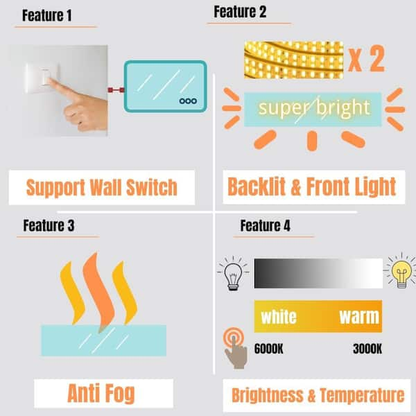 TOOLKISS 84 in. W x 32 in. H Frameless Rectangular Anti-Fog LED Light Wall Bathroom Vanity Mirror with Backlit and Front Light