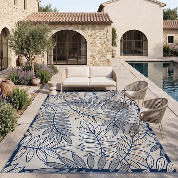 Aloha Ivory/Navy 9' x 12' Floral Modern Indoor/Outdoor Area Rug
