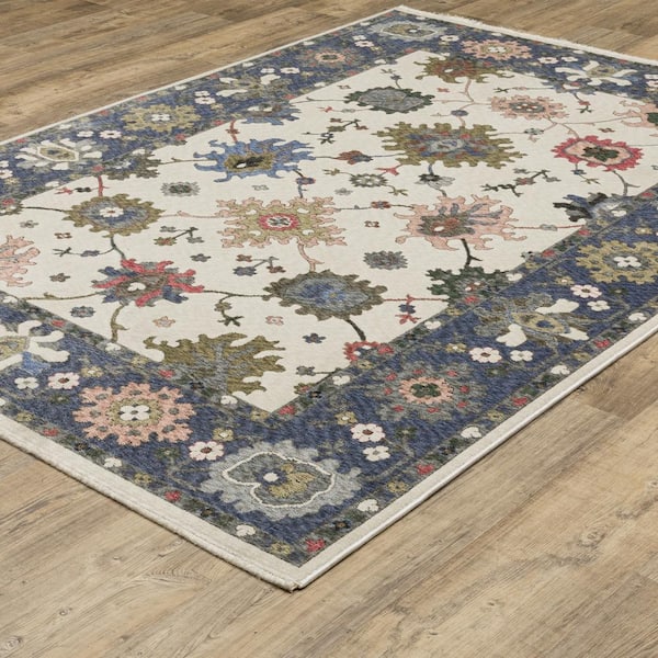 Hunter Ivory/Blue 5 ft. x 8 ft. Persian Floral Polyester Fringe-Edge Indoor Area Rug