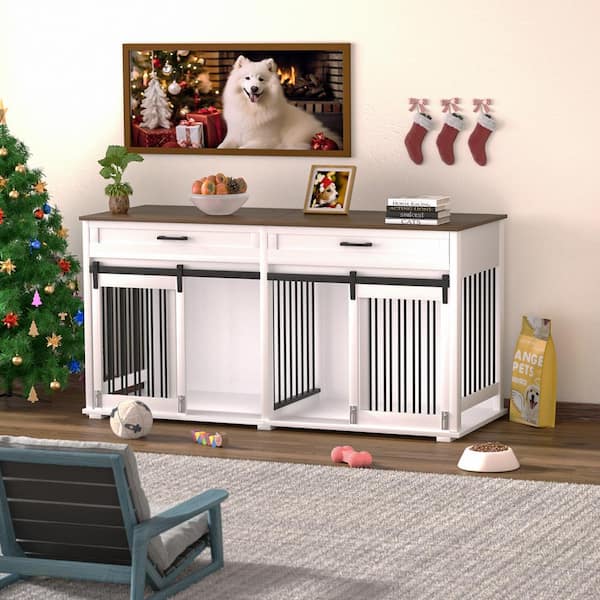 VEIKOUS Dog Crate Furniture Dog Kennels Large Doghouse Storage Cabinet with 2-Drawers, White