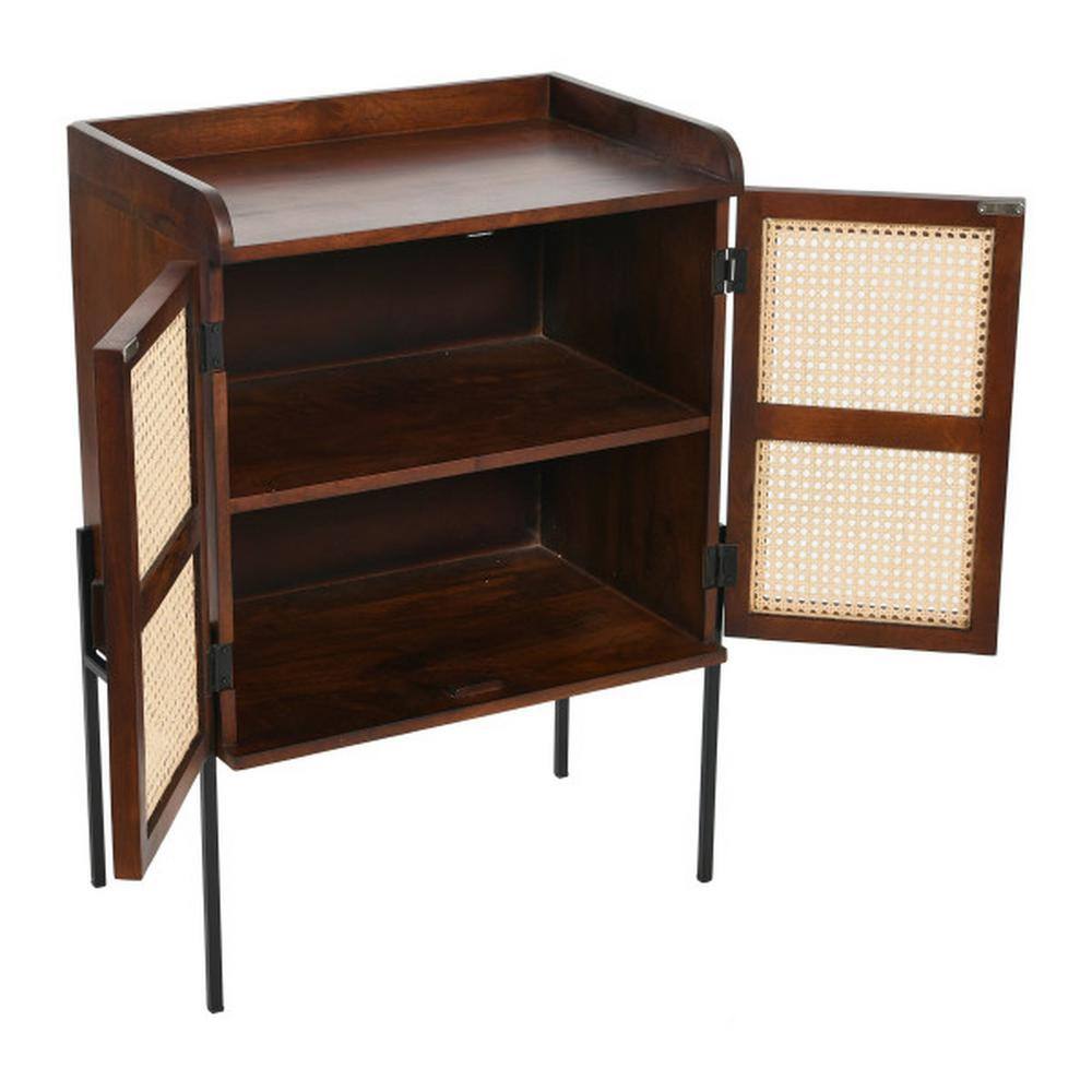 Walnut and Natural Boho Wood Bar Cabinet with Cane Doors