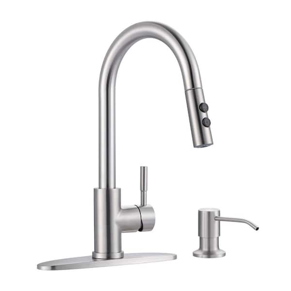 Single Handle Pull Down Sprayer Kitchen Faucet with Soap Dispenser in Brushed Nickel