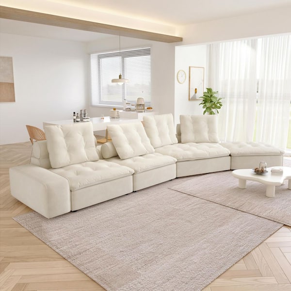 Down Filled Convertible Sofa, Miami 202 in. Square Arm Velvet L-Shaped Modular Sectional Couch with Ottoman in Beige
