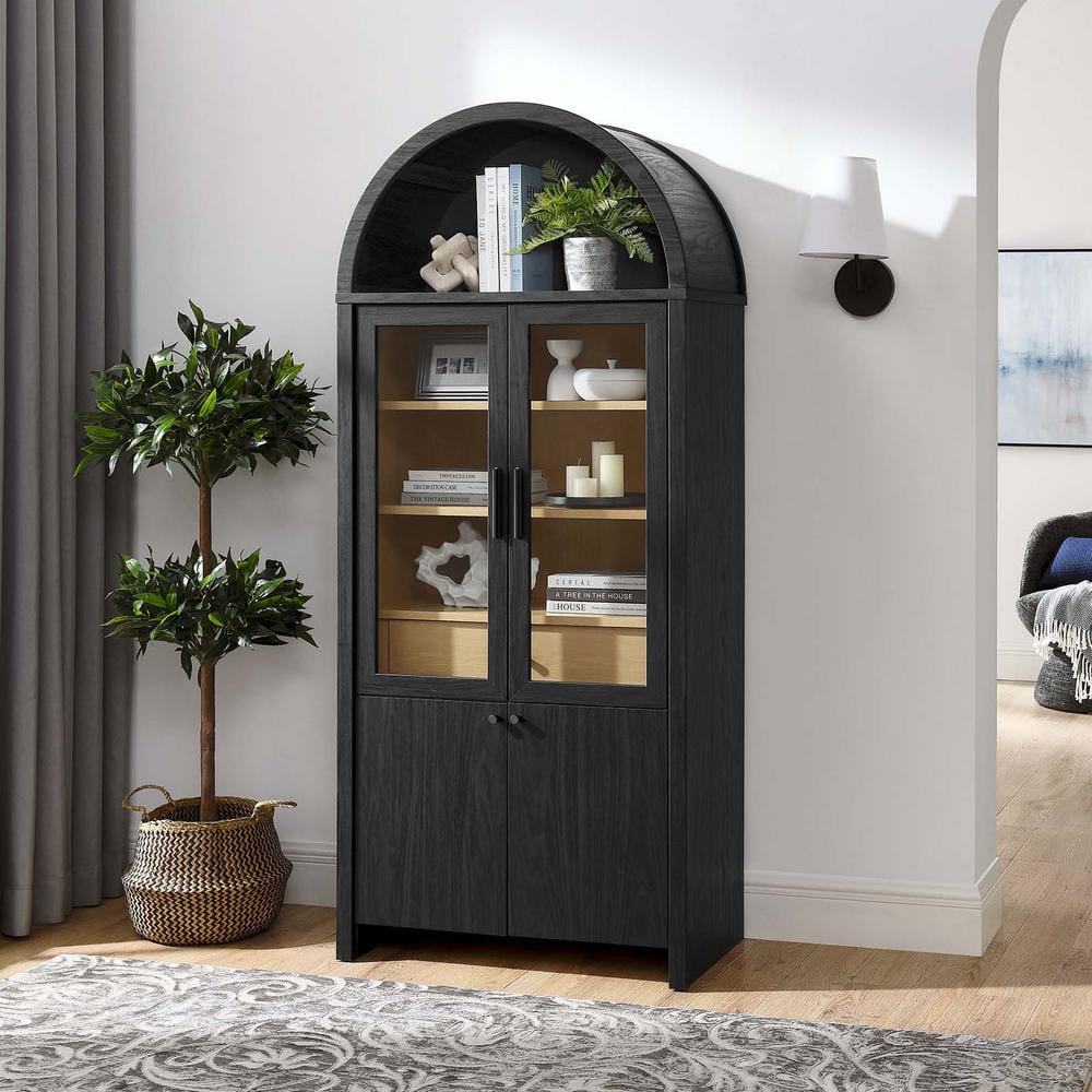 Evie Arched Black Oak Tall Display Cabinet with Glass Doors