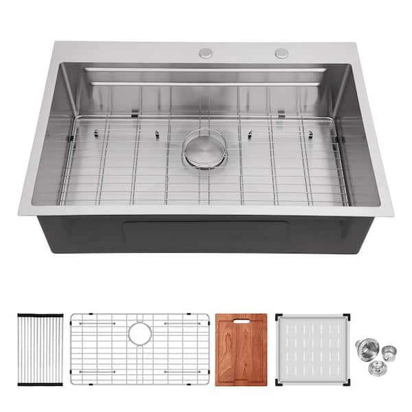 33 in. Drop-In Single Bowl 16 Gauge Brushed Nickel Stainless Steel Kitchen Sink with Bottom Grids and Cutting Board
