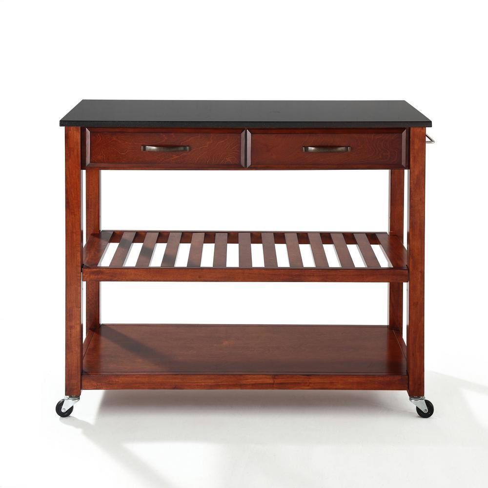 Cherry Wood Kitchen Cart with Black Granite Top and Wine Rack