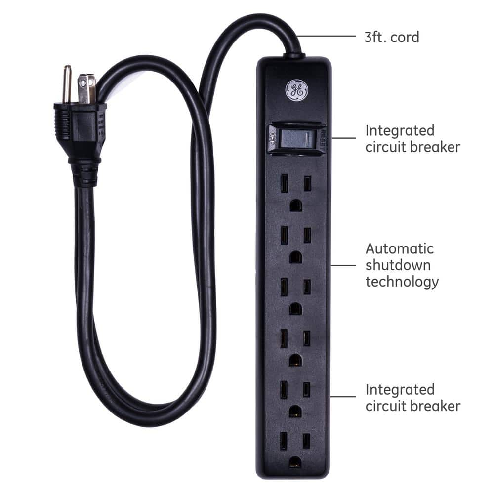 Black 3-Foot 6-Outlet Surge Protector Power Strip, 2-Pack