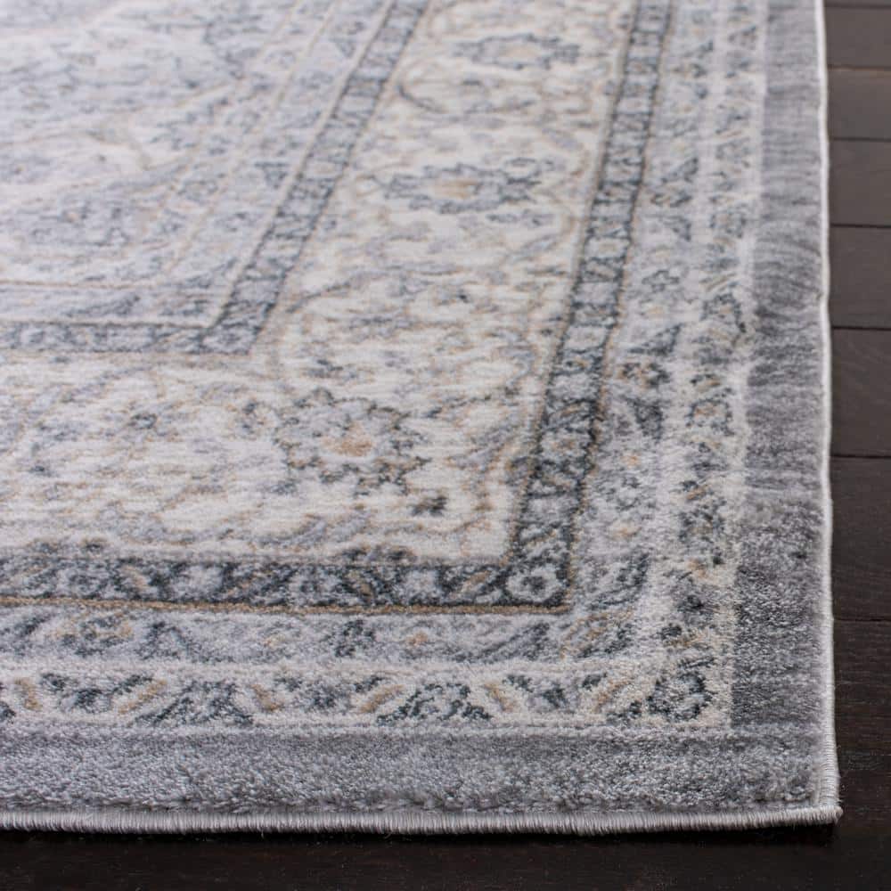 Grey and Cream Synthetic Stain-Resistant Oriental Area Rug, 9' x 12'