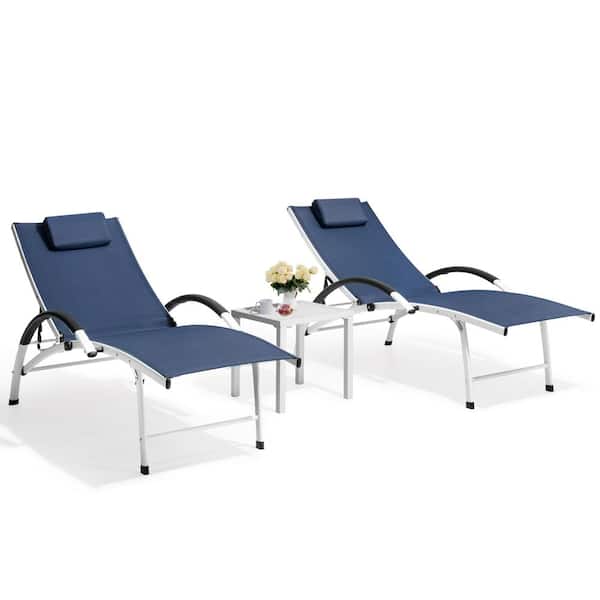 Crestlive Products Aluminum Outdoor Lounge Chair in Navy Blue with White Side Table (2-Pack)