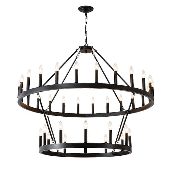36-Light 2-Tier Matte Black Wagon Wheel Chandelier for Living Room with E12 Sockets, no Bulb Included