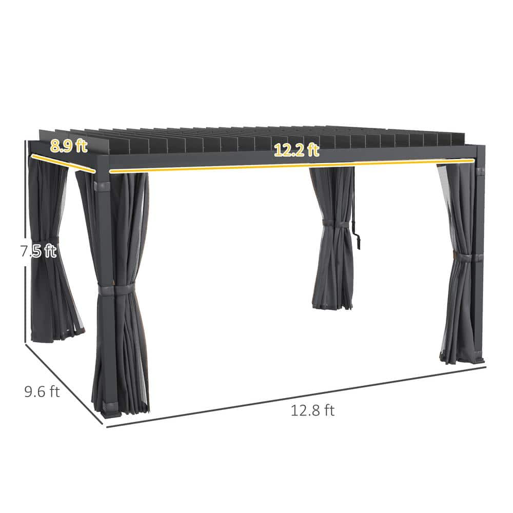 Dark Gray Aluminum Pergola with Adjustable Louvered Roof and Curtains