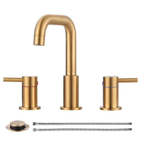 8 in. Widespread Double Handle Bathroom Basin Faucet with Drain Kit in Brushed Gold