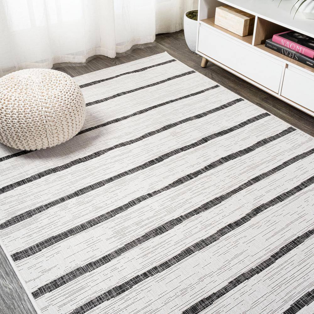 Ivory and Black Striped Synthetic 4' x 6' Indoor/Outdoor Rug