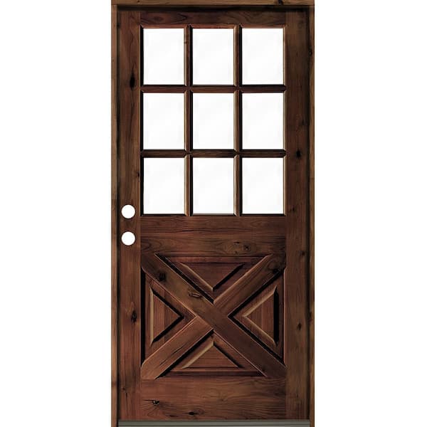 36 in. x 80 in. Knotty Alder Right-Hand/Inswing X-Panel 1/2 Lite Clear Glass Red Mahogany Stain Wood Prehung Front Door