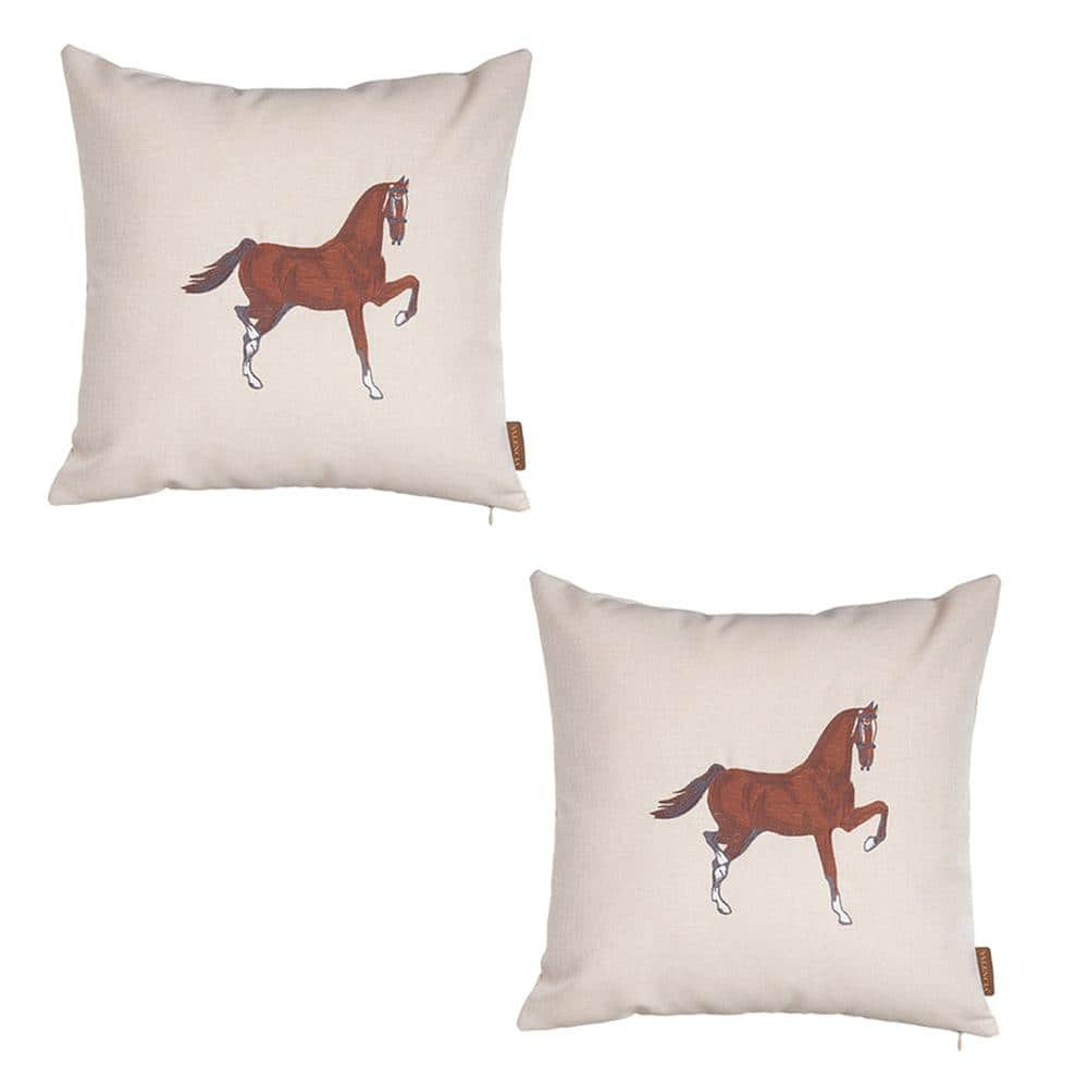 Boho Embroidered Horse Handmade Set of 4 Throw Pillow 12 x 20 Vegan Faux Leather Solid Beige & Brown Square Mike&Co. New York