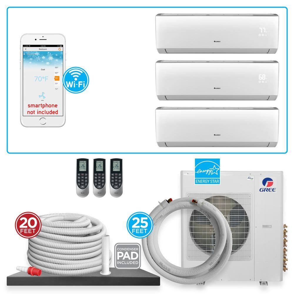 Gree Multi 21 Triple Zone 31000 Btu Wi Fi Ductless Mini Split Air Conditioner Heat Pump With 25 Ft Install Kit 230v 60hz Multi24hp311 The Home Depot