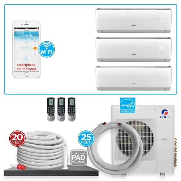 GREE Multi-21 Triple Zone 31000 BTU Wi-Fi Ductless Mini Split Air Conditioner & Heat Pump with 25 ft. Install Kit-230V/60Hz