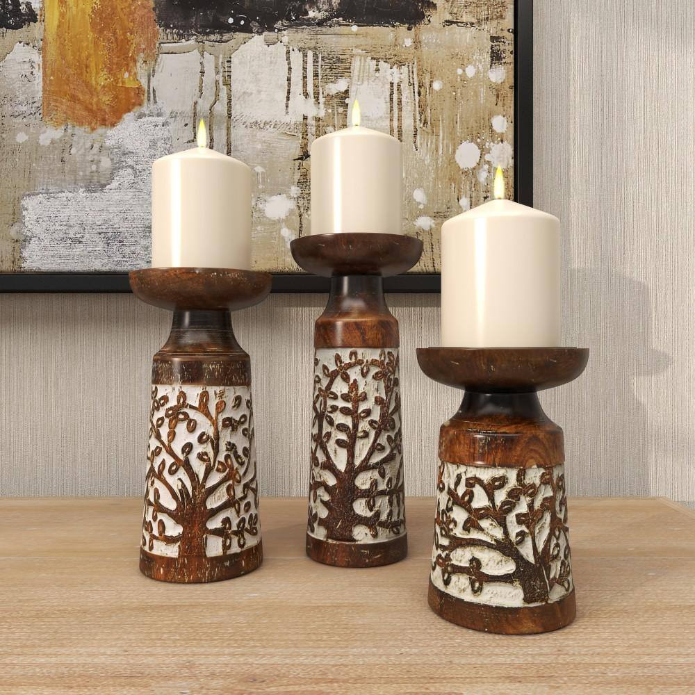 Winter Whisper Mango Wood 3-Piece Candlestick Set