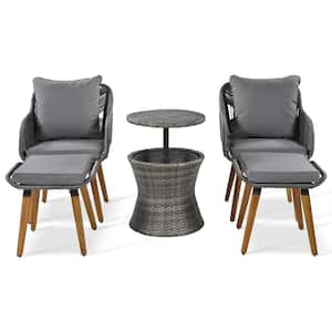 5 Pieces Wicker Patio Conversation Set with Pop-Up Cool Bar Table Ottomans Removable and Washable Grey Cushions