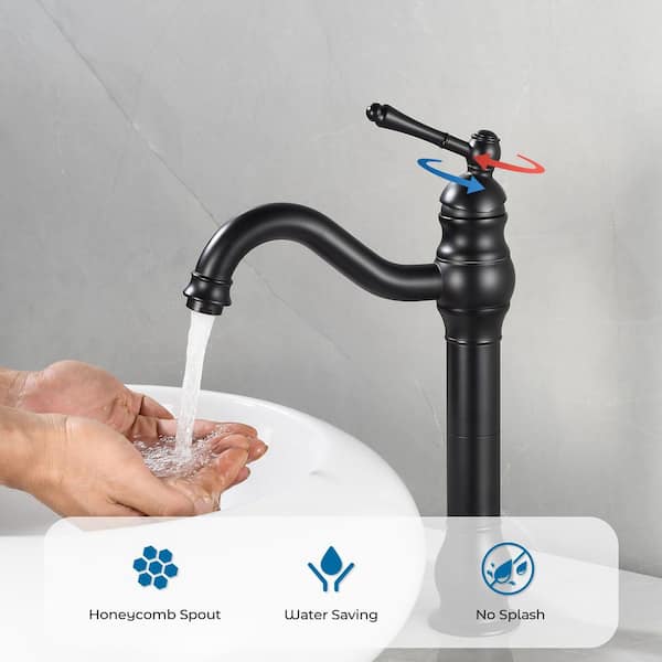 Single Hole Single Handle Waterfall Vessel Sink Faucet with Pop-up Drain in Matte Black