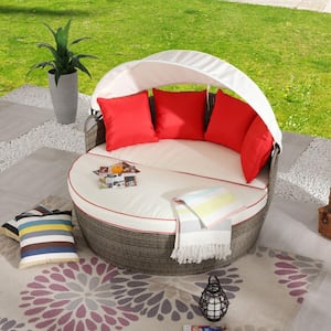 3-Piece Wicker Outdoor Day Bed with Off-White Cushions